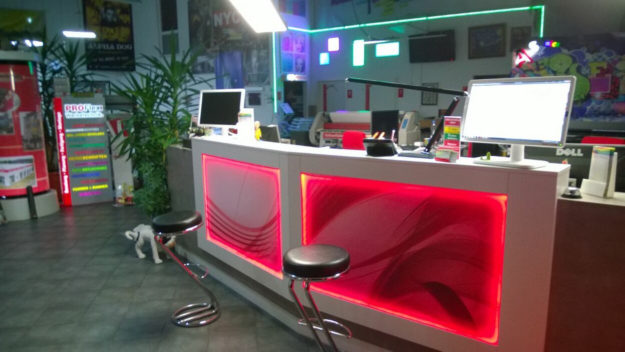 Moderner Innenausbau eines Empfangsbereichs mit leuchtend roter Neonbeleuchtung, Arbeitsstationen, Dekorpflanzen und einem Hund.