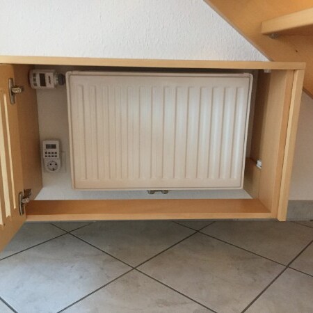Holzverkleidung mit offener Tür mit Blick auf Heizkörper