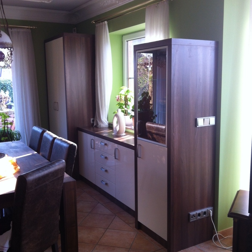 Dunkle Schrankfront mit weißen Türen im Esszimmer