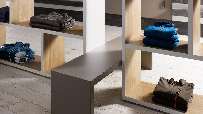 Detailaufnahme eines offenen Regalsystems für Ladenbau Detailaufnahme eines offenen Regalsystems für Ladenbau mit heller und dunkler Oberfläche